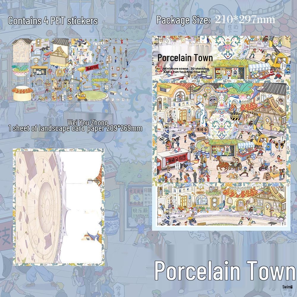 4 PET Sheets: Ceramic Town Scenery Stickers for DIY Miniature Worlds & Stress Relief Journals