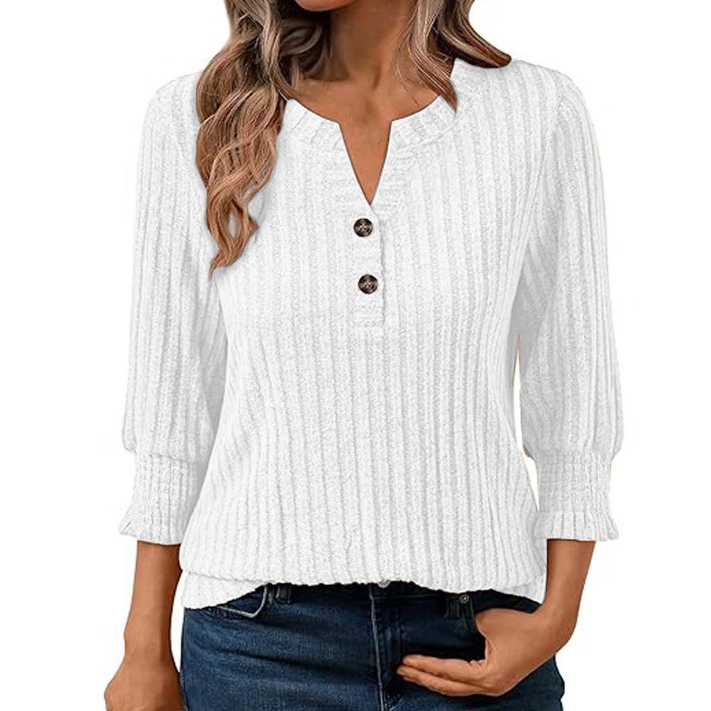 Women's Casual Top Solid Color V-neck Button Up Seven Quarter Sleeve Top