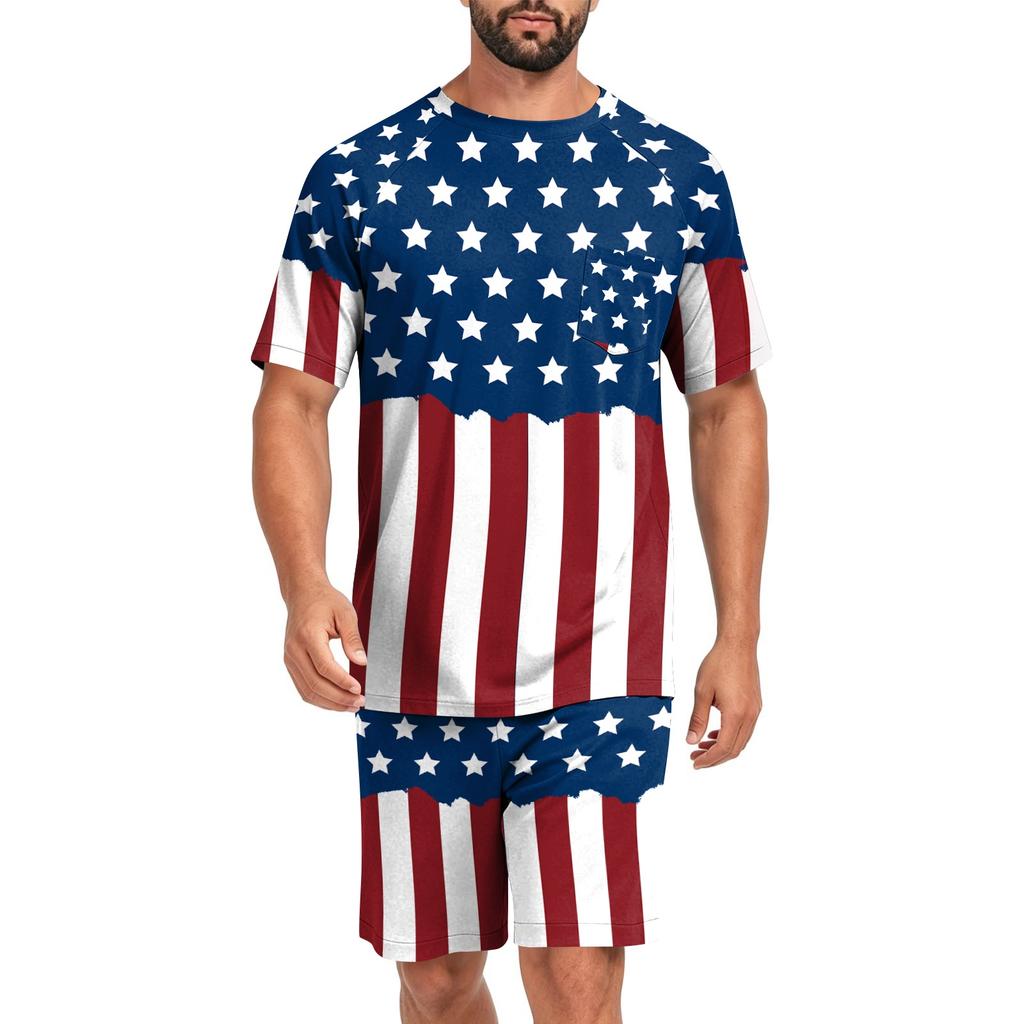 Men's Two Piece Sleepwear Set Short Sleeve Top and Shorts Lightweight Comfortable Soft Fabric Lounge Pajama Set for Summer Homewear