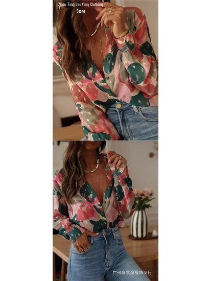 European Summer Casual Women's Long Sleeve Printed Lapel Shirt