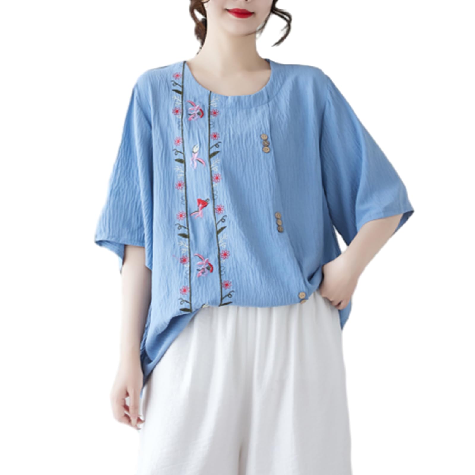 

JoccKorr Short Sleeve Blouse with Round Collar and Floral Stylish and Available in Plus Stylish and Cute for a Flattering Perfect for or Office синий