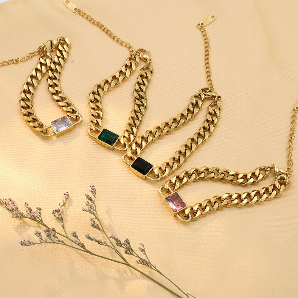 18K Gold Cuban Chain Square Zircon Bracelet, High-End Niche Color Zircon Titanium Steel Bracelet Jewelry.