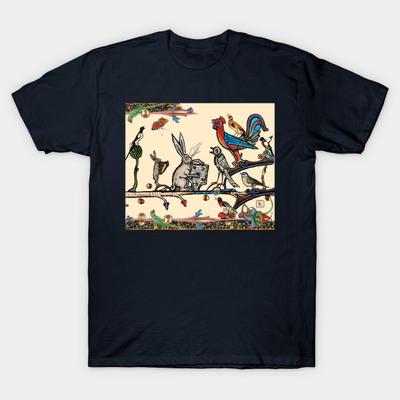 Men Black Print T-shirt Weird Medieval Bestiary Morning Music Concert Of Rabbits And Birds No-Cut Transfer Paper Print Cotton Tshirt