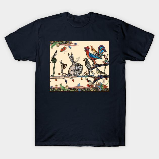 Мужская черная футболка с принтом Странный средневековый бестиарий Утренний музыкальный концерт кроликов и птиц Печать на трансферной бумаге без вырезания Хлопковая футболка L