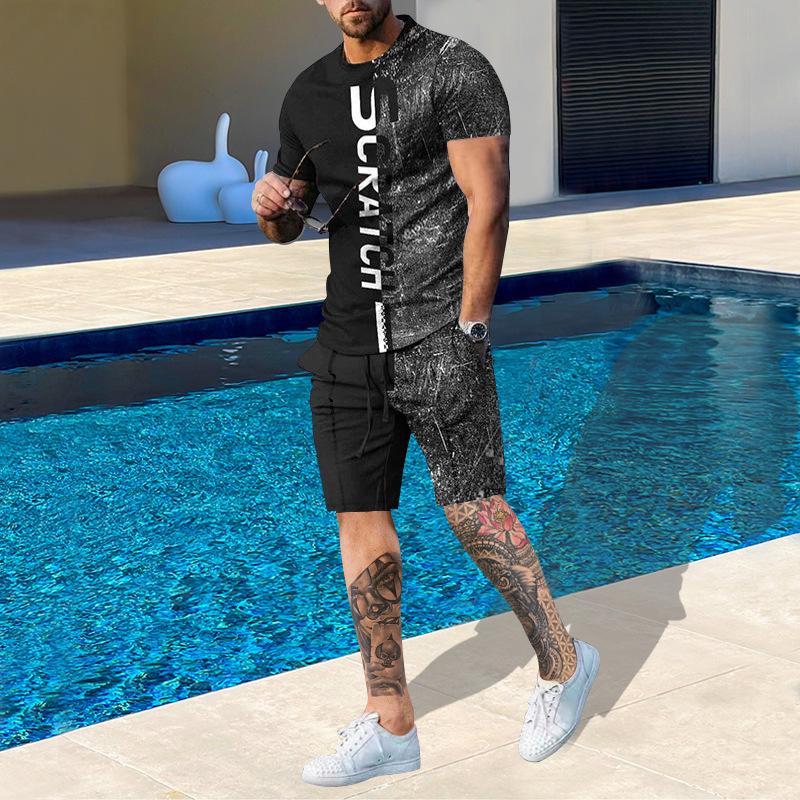 Plus Size Men's Summer Suit Round Neck Short Sleeved Shorts 3D Printed Loose Men's Casual Sports Set