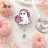 Smooth Retractable Cord Reel Halloween Ghost Badge Reel, Glitter Acrylic Holder Clip, Cute Pink Clear ID Name for Women Nurse Teacher Medical