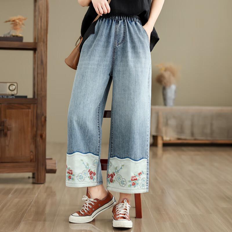 Pantalones vaqueros anchos bordados de verano Fengxiao 2025