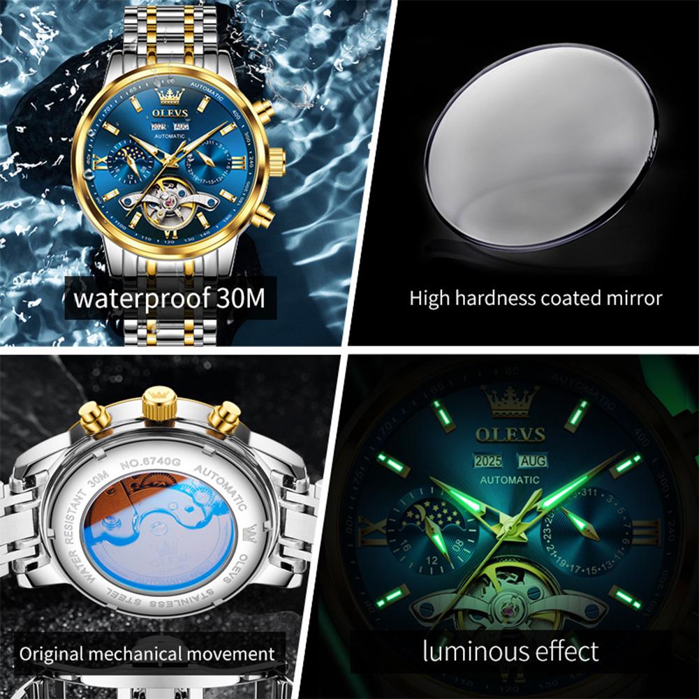 OLEVS Watches for Men Skeleton Flywheel Automatic Mechanical Men's Watches 24 Hour Moon Phase Waterproof Luxury Man Watch 6740