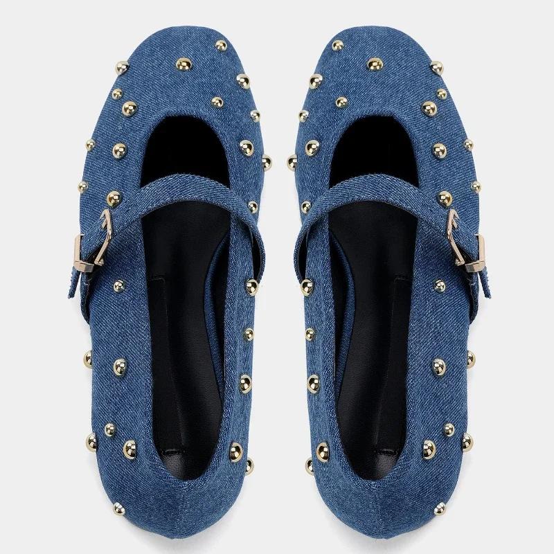 Fashion Fashion Round Toe Metal Rivets Ballet Flats Women Comfortable Shallow Buckle Mary Jane Shoes High Quality Blue Denim Flat Shoes