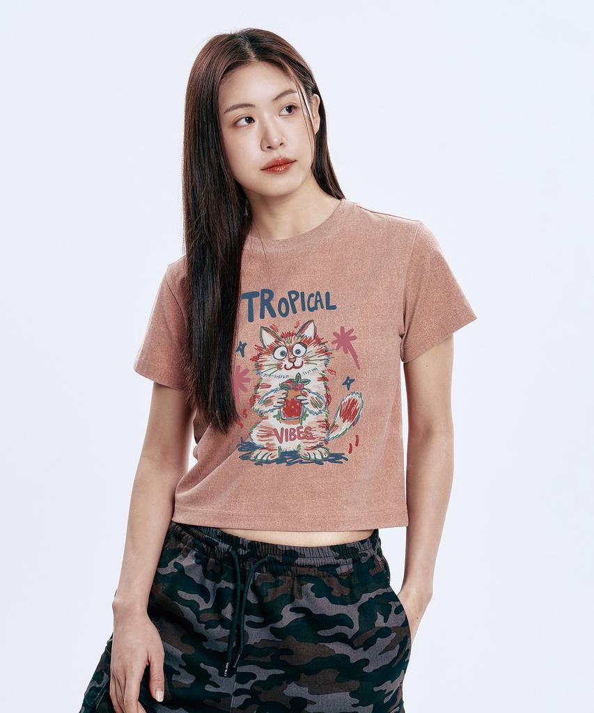 WILDROCK Hollysheesh Tropical Cat Pigment Oversized Short Sleeve T-Shirt_6 Colors (Cropped) (Type A)