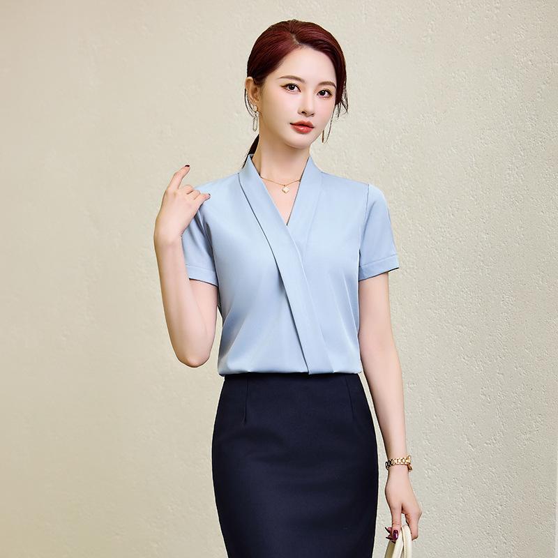 Women's Blue V-Neck Short-Sleeve Blouse - 2025 Summer Professional Wear