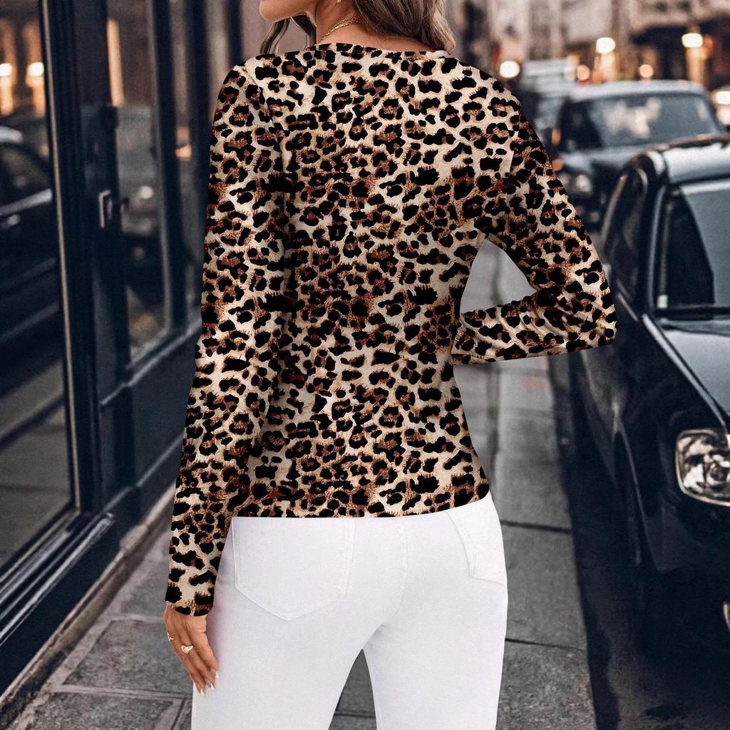 European and American spring and autumn new women's clothing leopard print printed buttons sexy slim fashion casual long-sleeved T-shirt