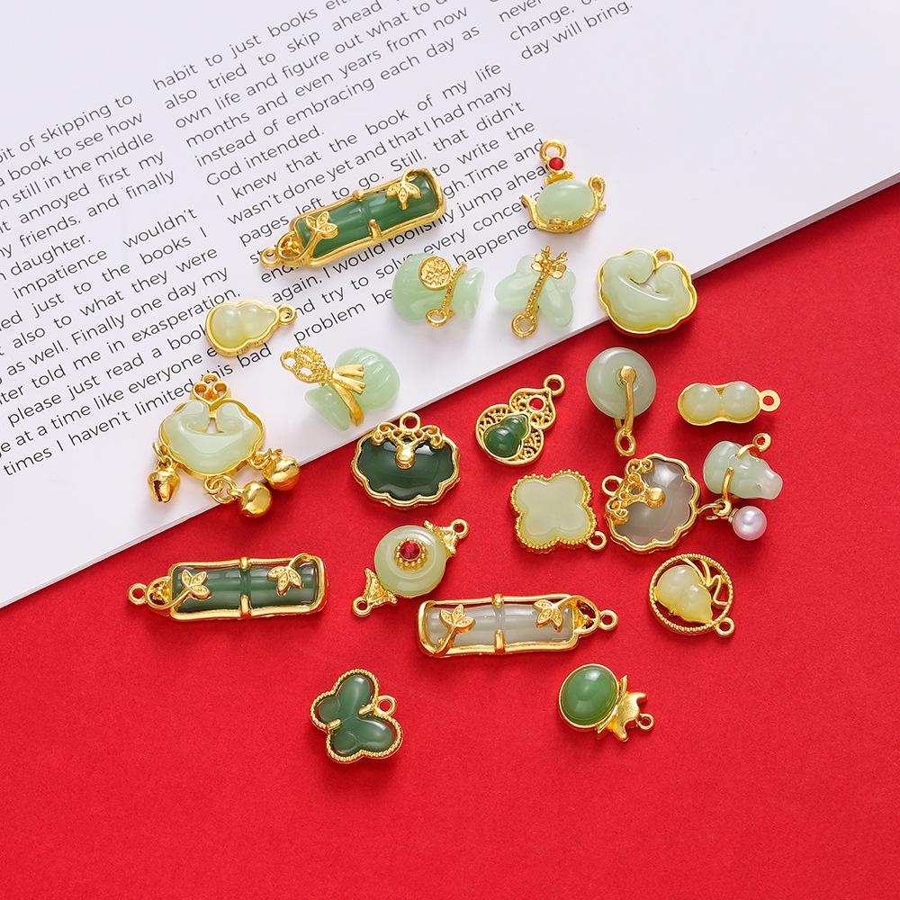 2Pcs Glass Alloy Inlaid Jade Pendant Safety Buckle Cloud Lock Pendant Handmade DIY Bracelet Necklace Antique Clothing Accessories