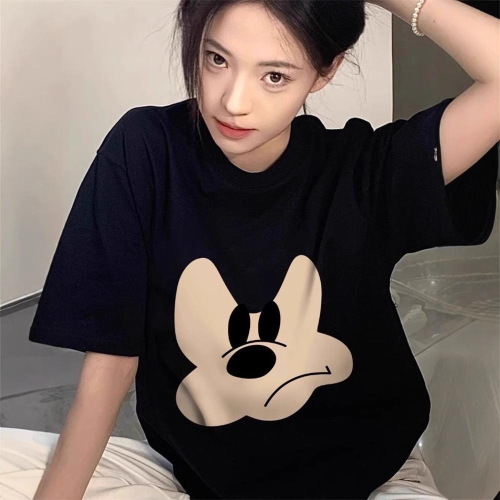 Women Pure Cotton Heavyweight Short Sleeve T-Shirt Cartoon Print Loose Lazy Tops Vintage American Casual Oversized Tees Summer Blouses