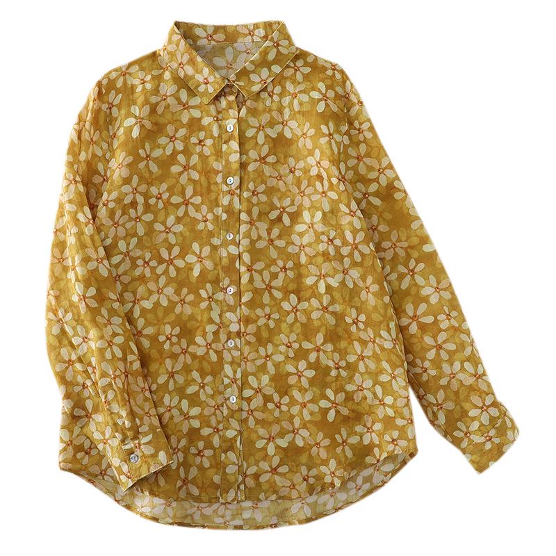 Japanese Women's Cotton Linen Floral Long Sleeve Shirt - Autumn Collection