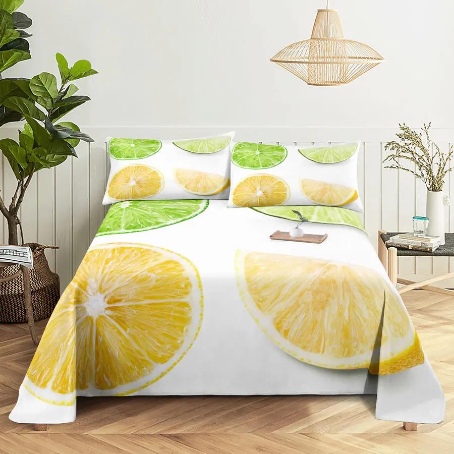 Fruit Bed Sheet Set and Pillow Case Queen King Size Bedding Set Lemon Print Pillowcase for Double Twin Full Single Bed Free Ship