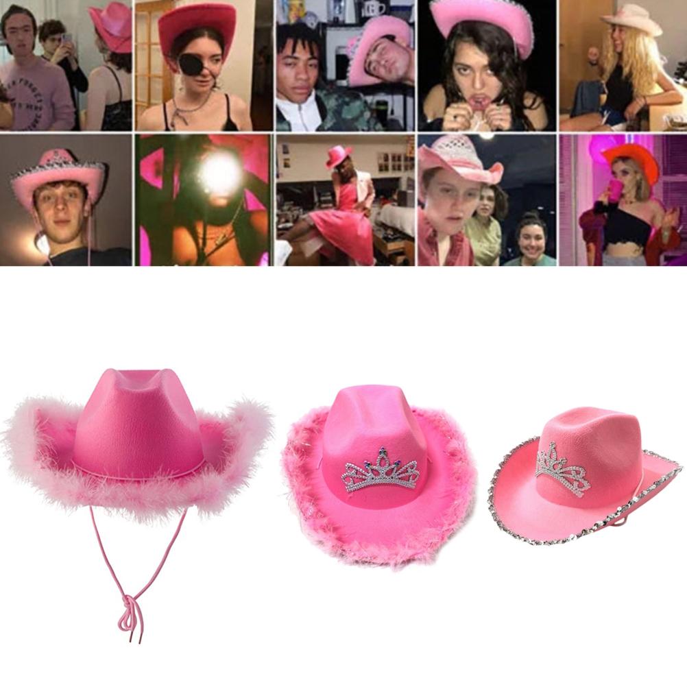 Pink Cowboy Hat Felt Cowboy Hat with Neck Draw String Cosplay Party Costume Accessories Play Dress