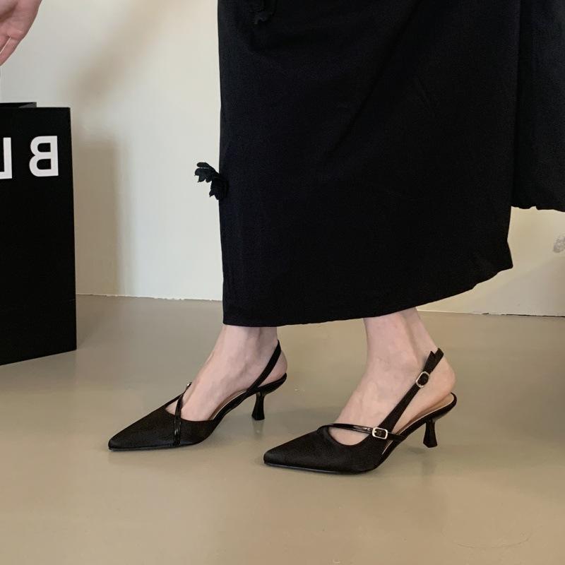 Leopard Print Word with Light Mouth Pointed Head Satin High Heels Women's New Imperial Sister Style Single Shoes Sandals