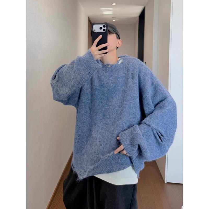 Vintage Light Blue Fuzzy Knit Sweater Mens Loose Fit Distressed Crewneck Streetwear