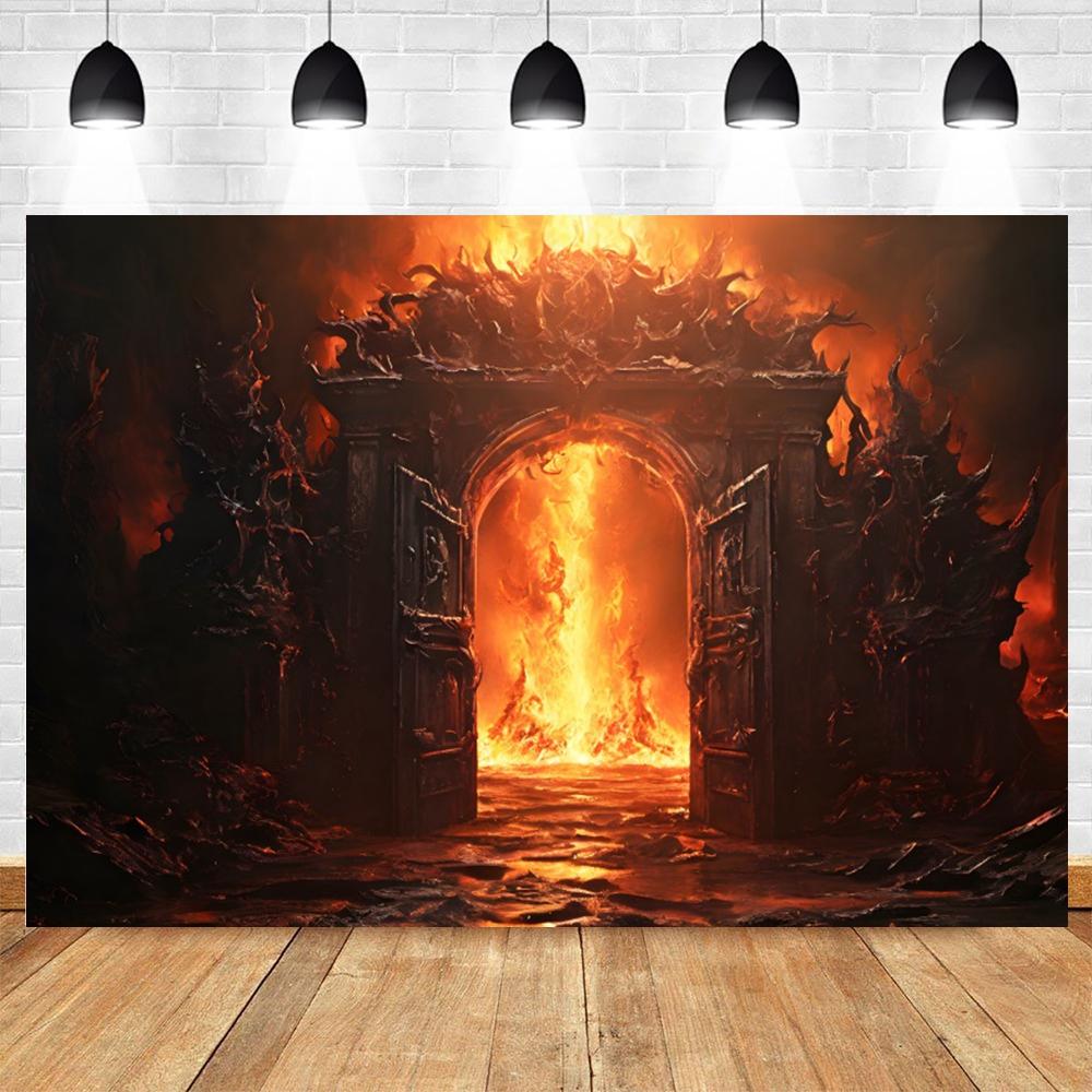 Hell Gate Hellfire Halloween Photo Background Fire Burning Flame Heaven Hell Scary Halloween Party Photography Backdrop Decor Vinyl 60x40cm