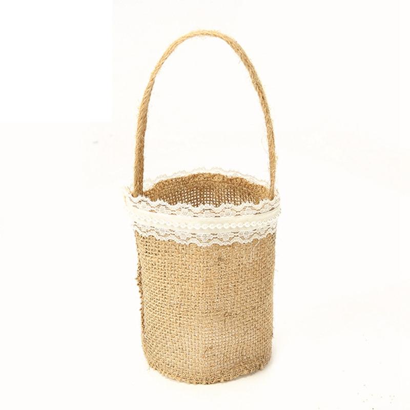 Wedding Lace Burlap Flower Basket Linen Handle Vintage Rustic Wedding Ceremony Table Decoration Baby Shower Party Candy Gift Bag