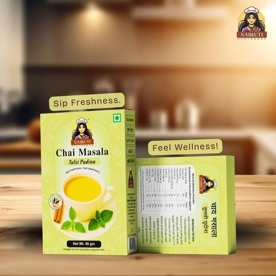 Nairuti Vyutpadan Tulsi Pudina Tee Masala Pulver 50g – Kräuter Chai Masala mit Basilikum & Minze | Reines & Natürliches Chai Gewürz | Winterimmunität