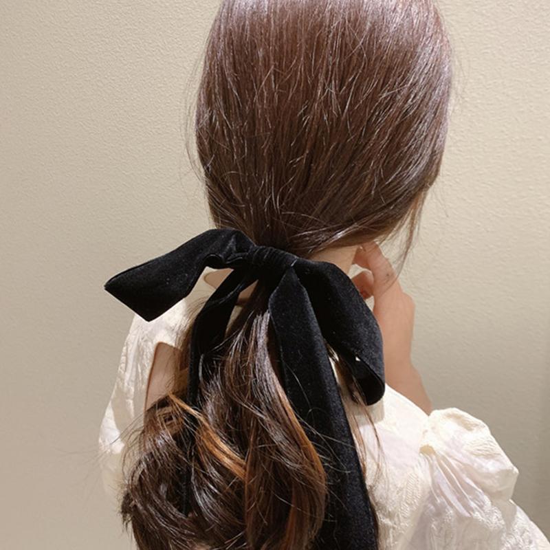 Mode Vintage Schwarze Samt Schleife Haarband Scrunchie für Damen Mädchen Langes Elastisches Haargummi Kopfschmuck Weibliches Haarzubehör