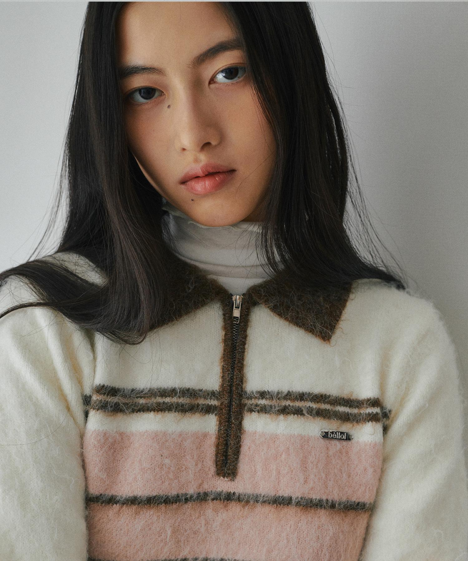 Belloel Hairy Stripe Collar Zip-Up Knit Sweater Pink