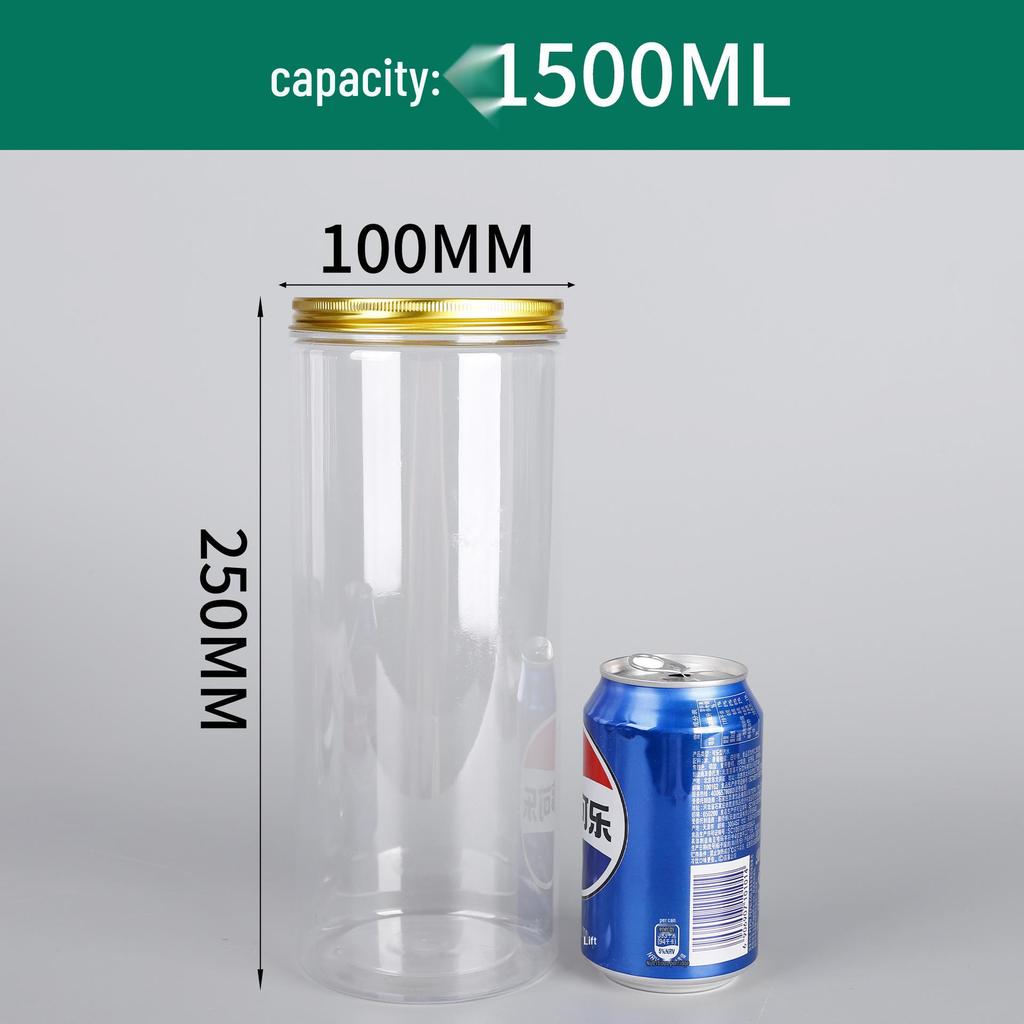 100-Opening Transparent PET Plastic Jar with Aluminum Lid for Kitchen Spices, Nuts, and Snacks