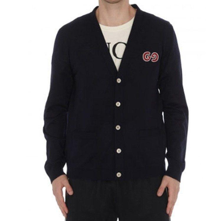 GUCCI GUCCI GG Embroidered Wool Cardigan Knitted Top Navy 576815-XKAOW-4440