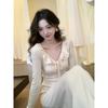 Vintage V-Ausschnitt Rüschen Schnürung Taillenbetonung Schlankes Langarmkleid für Damen