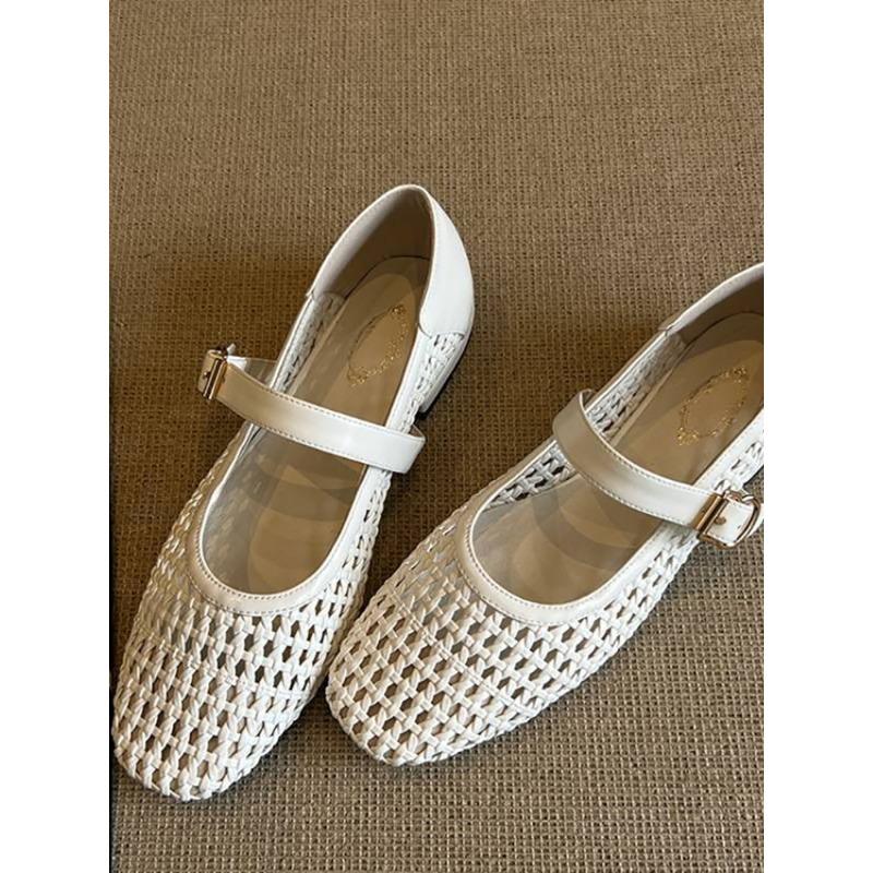 Sheepskin version niche hollow retro woven one-word strap single shoes women's summer new flat Mary Jane shoes hole shoes