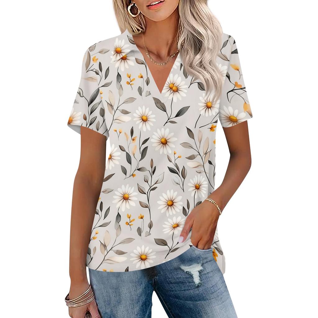 Women's Casual V Neck Short Sleeve Floral Print Polo Shirt Lightweight Summer Top with Collar for Daily Wear