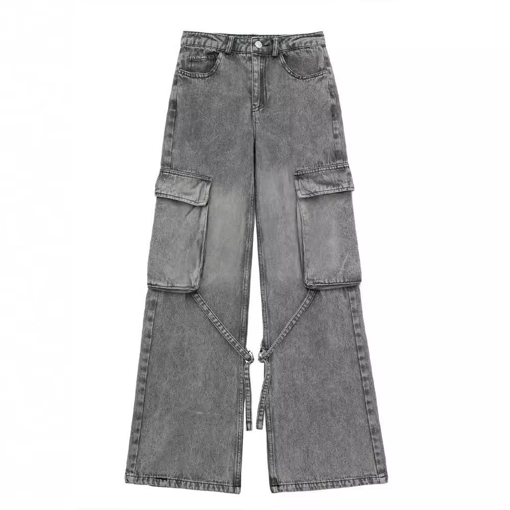 Chic Denim Streetwear Women Straight-leg Pants Fashion Pockets Y2K Spice Cool Girl Loose Sporty Zip Cargo Pants