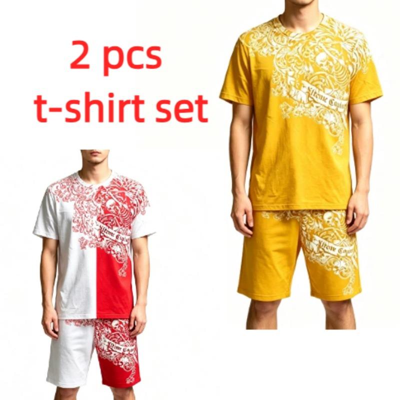 Summer Casual Retro Skull Printed Round Neck Short Sleeved Kids T-Shirt And Shorts Set Boy's and Girl's T-shirt Shorts Set