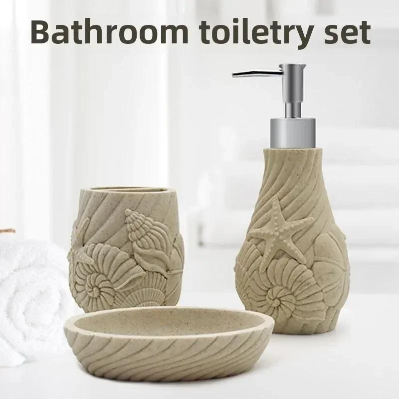 3pcs Bathroom Wash Storage Set Natural Stone Resin Lotion Bottles Toothbrush Cups Soap Dishes Light Luxury Retro Bathroom Set
