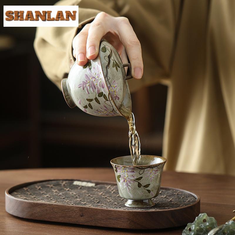 Hand-painted Wisteria Flower Two Talents Gaiwan Traditional Tea Tureen Tea Bowl With Lid Kit Tea Maker Cover Bowl Teaware Craft