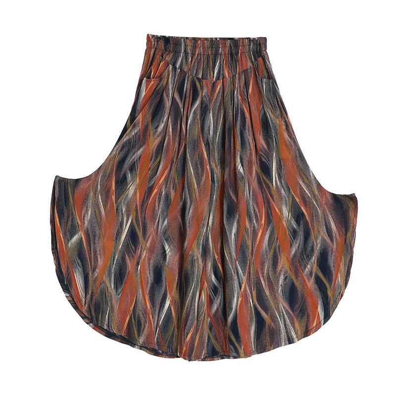 Women's Floral Cotton Silk Wide-Leg Skirt Pants - Summer Casual Elastic Waist, Plus Size, Lightweight Seven-Point Length.