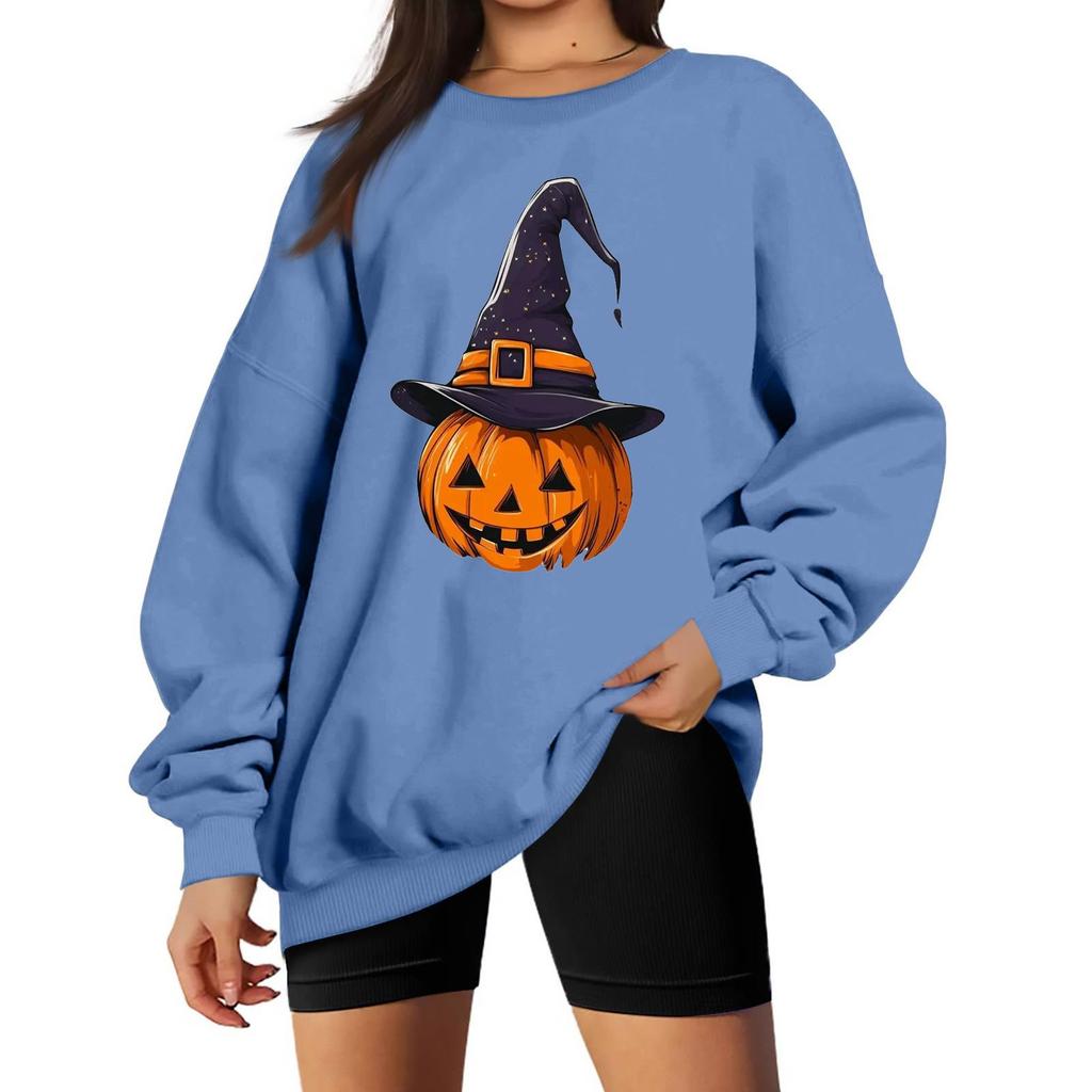 Women's Neck Long Sleeve Casual Loose Fit Sweatshirt Pullover with Color or Small Halloween Print