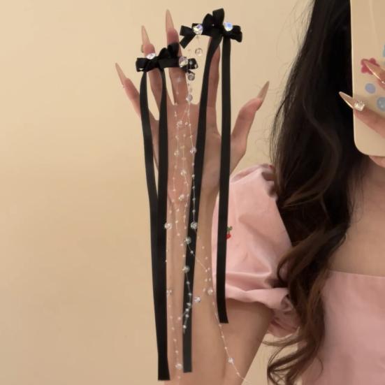 Hairpin Satin Ribbon Bowknot Decor Hair Clip with Rhinestones Glass Beads Tassels No Pull Scalp Photos Hair Accessories