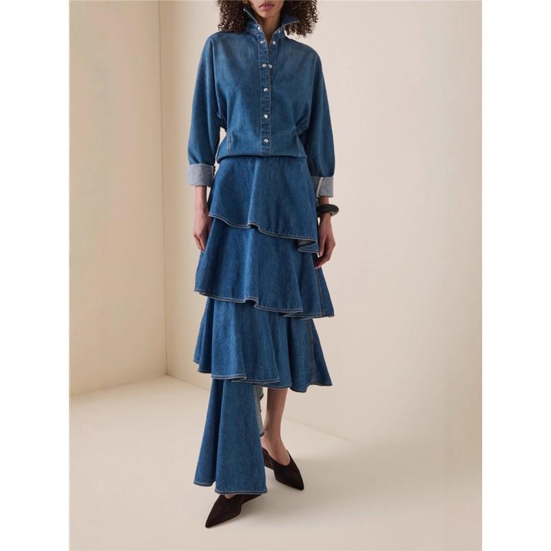 Womens Denim Two-Piece Set Loose Shirt With Raglan Sleeve Asymmetrical Hem Skirt Streetwear Fall 2025