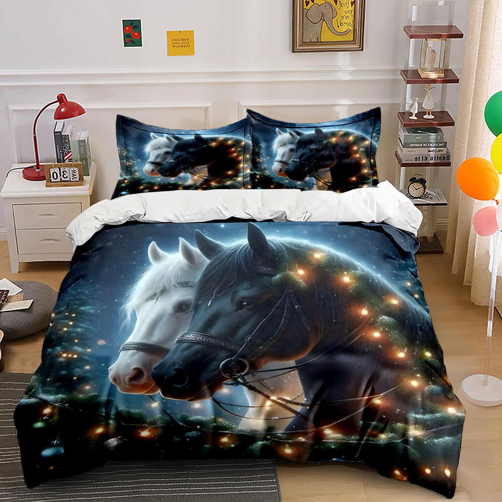 Elegant Horses Amid Festive Lights  Kid'S And Adults' Bedroom Decor, Exquisite Three-Piece Bedding Set Gift