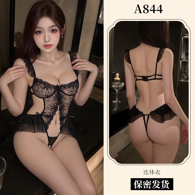 Sexy Lingerie Sexy Lace Embroidered Onesie Women's Hollow Open Pajamas Hot Seduction Uniform A