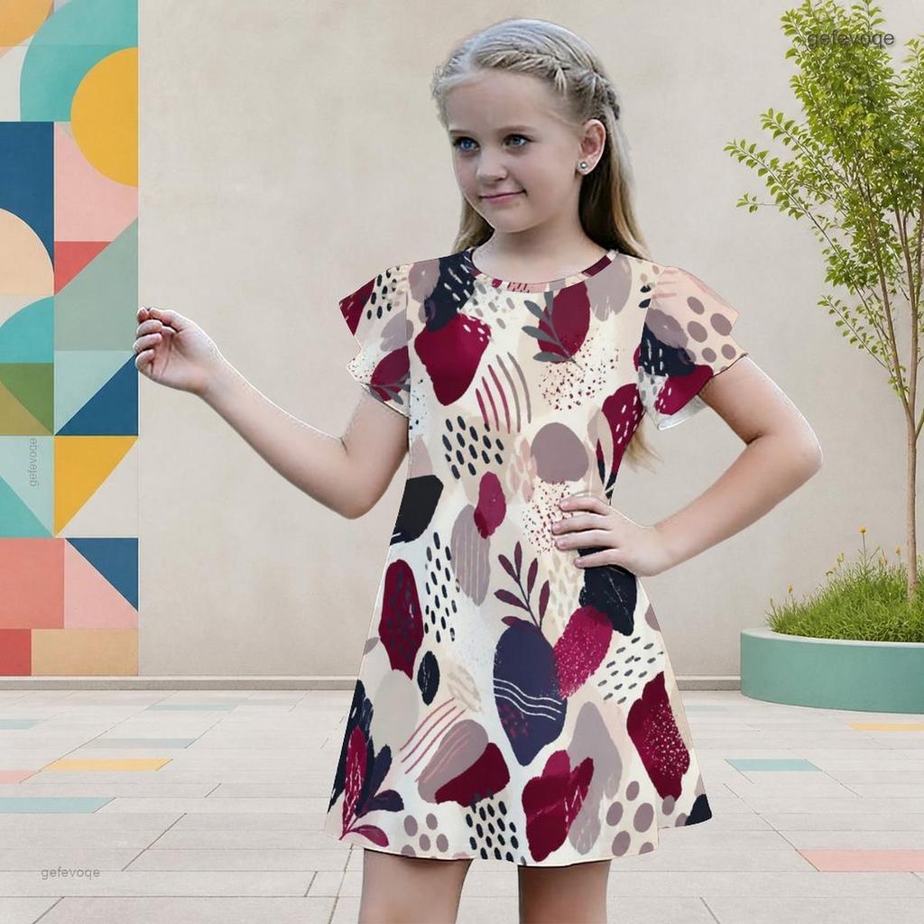 Girls Round Neck Flutter Sleeve A Line Flared Hem Printed Dress
