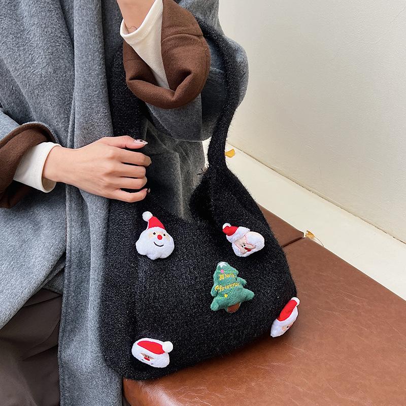 Christmas Knitted Shoulder Bag Women Simple Large Capacity Hollow Woven Tote Bag Textured Casual and Versatile Commuting Bag