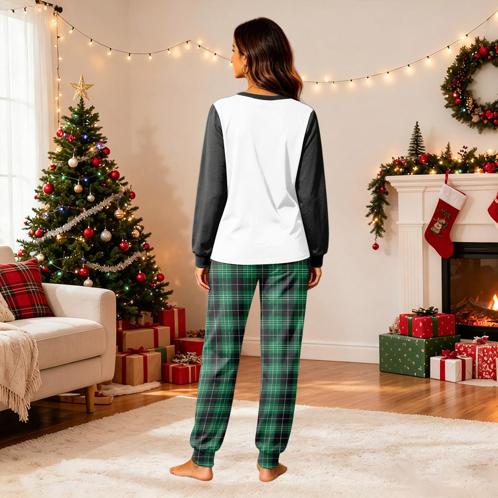 Matching Family Christmas Pajama Set Long Sleeve Neck Print Top with Pants for Adults and Kids