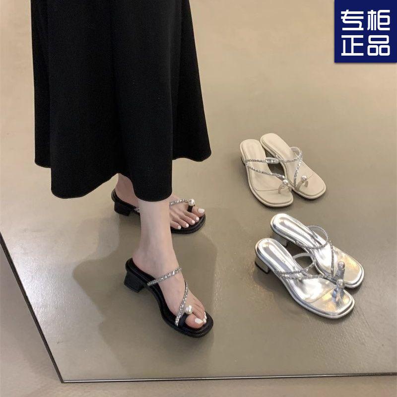 

Thick heel set toe pearl cool slippers women wear summer new rhinestone mid-heel toe sandals 35 срібний