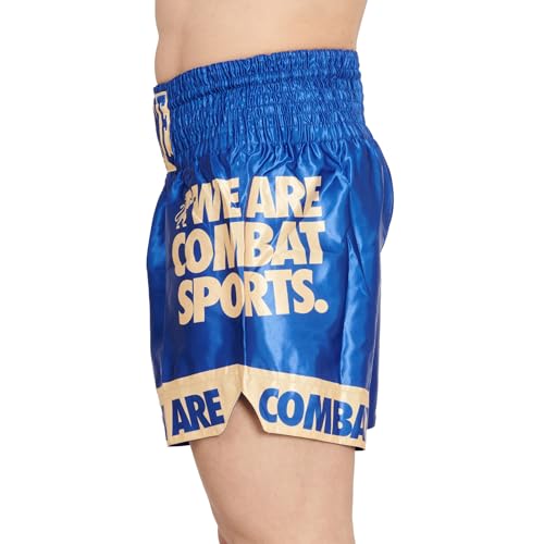 Leone 1947 DNA Shorts, Unisex Muay Thai/Kickboxing Shorts, Satin Fabric with Elastic Waist (Size L), Blue/Gold, AB966 [Authentic]