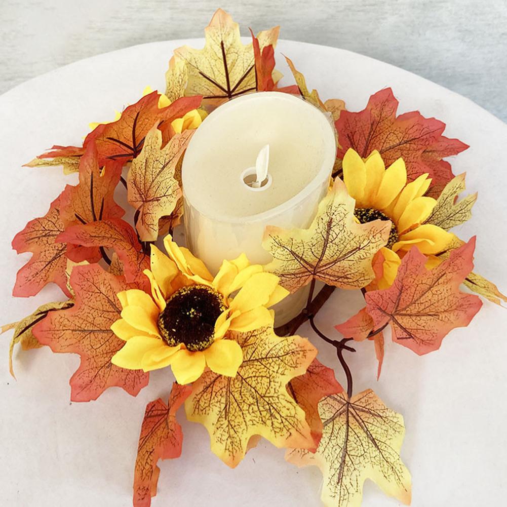 Artificial Maple Leaves Wreath With Berries Sunflowers Candle Rings For Farmhouse Fall Thanksgiving Wedding Centerpiece Table Door Decor