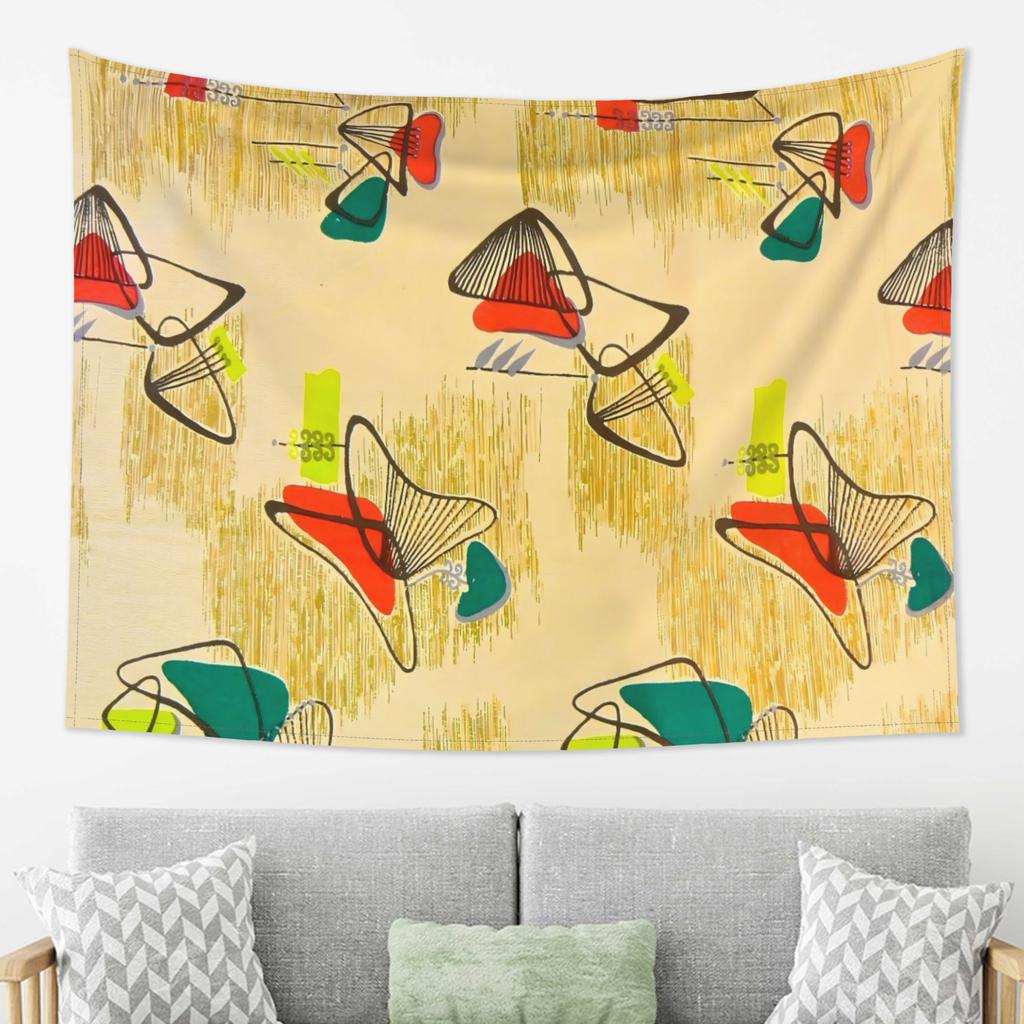 Retro MCM Abstract Geometric Tapestry Medieval Modern Style Red Yellow Green Line Printed Hanging Cloth Room Decoration